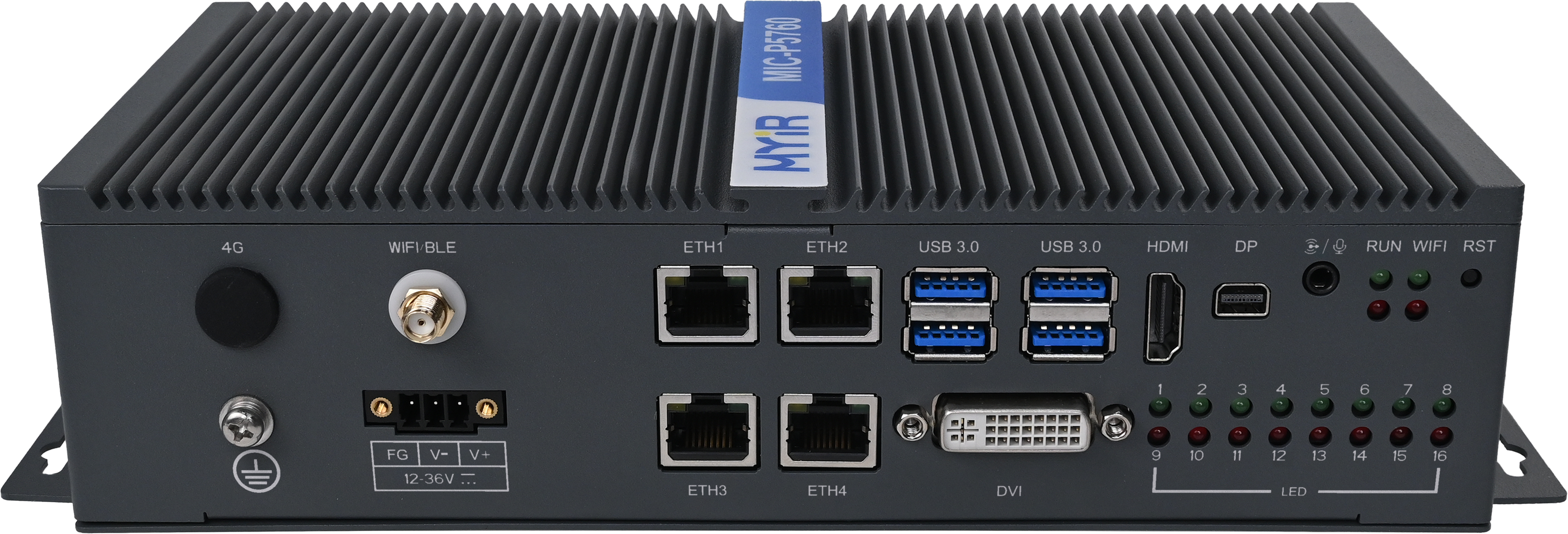 MIC-P5760 front panel with 4x Gigabit Ethernet, USB 3.0, HDMI, Mini DP, DVI, WiFi/BT, 4G antenna, power input, status LEDs and reset/recovery buttons